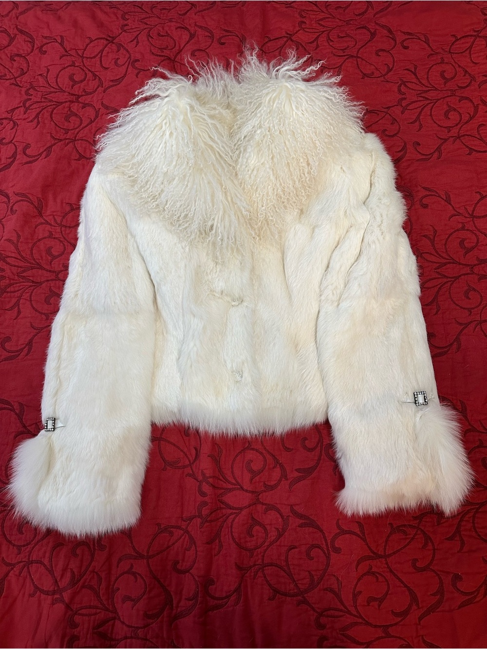 Women's Cream Real Fur Jacket with Textured Collar